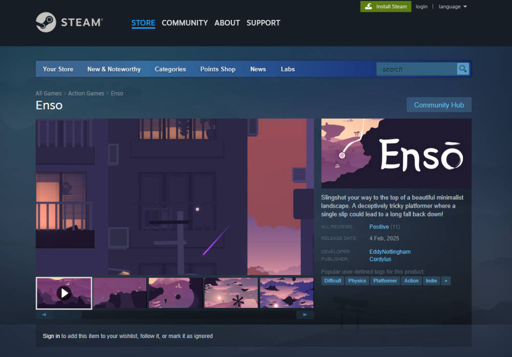 Screenshot of Enso’s Steam page.